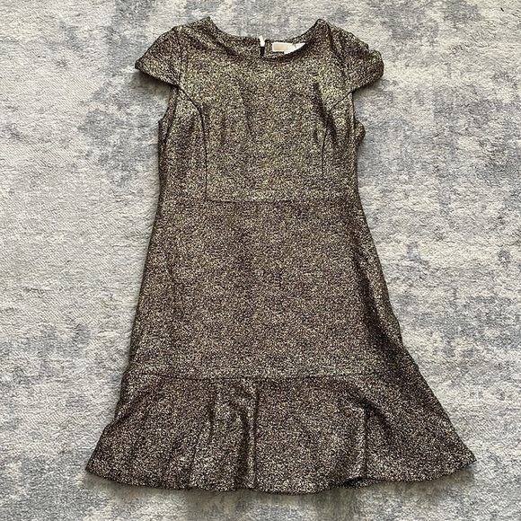 MICHAEL Michael Kors Dress Metallic Gold Flounce Ruffle Cap Sleeve Fit & Flare M - Picture 8 of 15